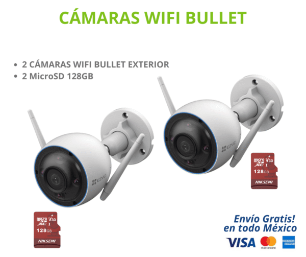 KIT CAMARAS BULLET KIT DE 2 CÁMARAS WIFI BALA DE 5MP PARA EXTERIOR + 2 MEMORIAS MICRO SD 128GB.