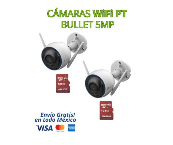 KIT DE 2 CÁMARAS WIFI BALA 5MP PARA EXTERIOR EZVIZ + 2 MICROSD 128GB | Solución ideal para vigilancia inteligente en hogares, negocios y oficinas. Ofrece imagen ultra HD 5MP, acceso remoto desde el celular y almacenamiento incluido, todo en un sistema fácil de instalar y configurar. Este kit incluye 2 memorias Micro SD de 128GB, lo que permite grabación local continua sin necesidad de pagar suscripciones.