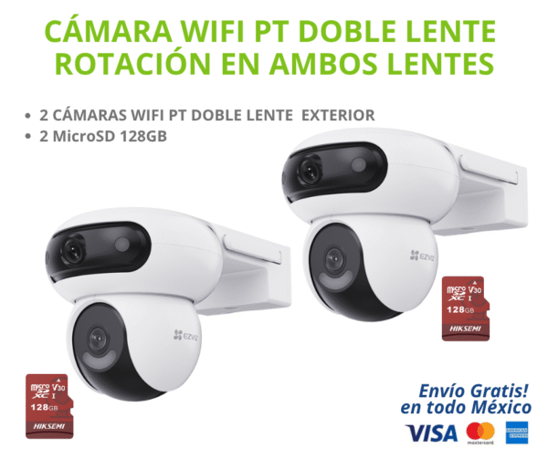 KIT CAMARAS PT DOBLE LENTE KIT DE 2 CÁMARAS WIFI PT DE DOBLE LENTE CON ROTACIÓN EN AMBOS LENTES + 2 MEMORIAS MICRO SD DE 128GB.