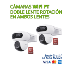 KIT DE 2 CÁMARAS WIFI PT EZVIZ DE DOBLE LENTE CON ROTACIÓN + 2 MICRO SD DE 128GB | Solución avanzada de videovigilancia inteligente que ofrece cobertura total 360°, alta definición y grabación local sin mensualidades. Cada cámara cuenta con doble lente con rotación independiente, permitiendo monitorear dos áreas al mismo tiempo desde una sola cámara. Incluye 2 memorias micro SD de 128GB, listas para grabar desde el primer momento.