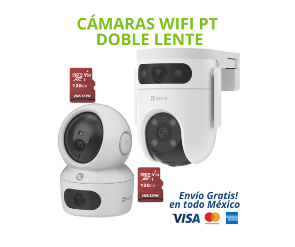KIT DE CÁMARAS WIFI PT DOBLE LENTE EZVIZ – 1 INTERIOR + 1 EXTERIOR + 2 MICROSD 128GB | Es una solución de videovigilancia completa y fácil de instalar, ideal para proteger hogares, negocios y oficinas sin necesidad de DVR ni cableado complejo. Incluye 1 cámara interior y 1 cámara exterior con doble lente y movimiento PT (Pan/Tilt), además de 2 tarjetas MicroSD de 128GB, listas para grabar desde el primer día.