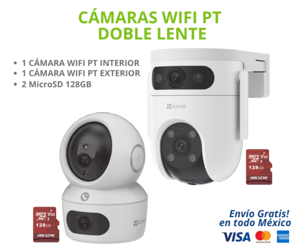 KIT CAMARAS PT DUALES KIT DE CÁMARAS WIFI PT DOBLE LENTE (1 INTERIOR + 1 EXTERIOR + 2 MicroSD 128GB).