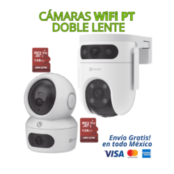 KIT DE CÁMARAS WIFI PT DOBLE LENTE EZVIZ – 1 INTERIOR + 1 EXTERIOR + 2 MICROSD 128GB | Es una solución de videovigilancia completa y fácil de instalar, ideal para proteger hogares, negocios y oficinas sin necesidad de DVR ni cableado complejo. Incluye 1 cámara interior y 1 cámara exterior con doble lente y movimiento PT (Pan/Tilt), además de 2 tarjetas MicroSD de 128GB, listas para grabar desde el primer día.