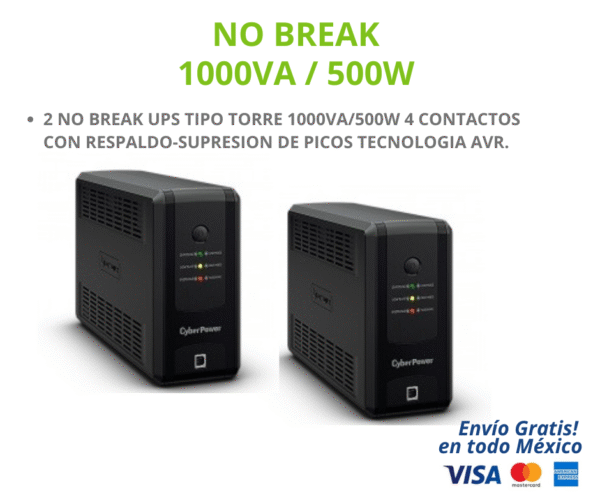 KIT NO BREAK 1000VA 500W KIT DE 2 NO BREAK UPS TIPO TORRE 1000VA/500W, CYBERPOWER UT1000GU.