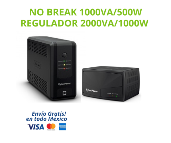 KIT CYBERPOWER NO BREAK UPS 1000VA / 500W + REGULADOR DE VOLTAJE 2000VA / 1000W | Respaldo Eléctrico que ofrece una protección completa contra apagones, variaciones de voltaje y picos eléctricos para equipos electrónicos sensibles.  Es la solución ideal para hogares, oficinas, negocios, CCTV, routers, computadoras y sistemas de seguridad, garantizando continuidad operativa y mayor vida útil de tus dispositivos.