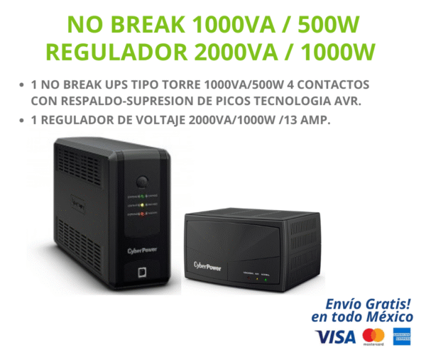 KIT NO BREAK Y REGULADOR KIT DE 1 NO BREAK UPS TIPO TORRE 1000VA/500W + 1 REGULADOR DE 2000VA/1000W