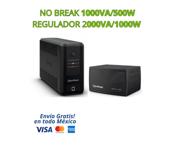 KIT NO BREAK Y REGULADOR (X) KIT CYBERPOWER NO BREAK UPS 1000VA / 500W + REGULADOR DE VOLTAJE 2000VA / 1000W | Respaldo Eléctrico que ofrece una protección completa contra apagones, variaciones de voltaje y picos eléctricos para equipos electrónicos sensibles. Es la solución ideal para hogares, oficinas, negocios, CCTV, routers, computadoras y sistemas de seguridad, garantizando continuidad operativa y mayor vida útil de tus dispositivos.