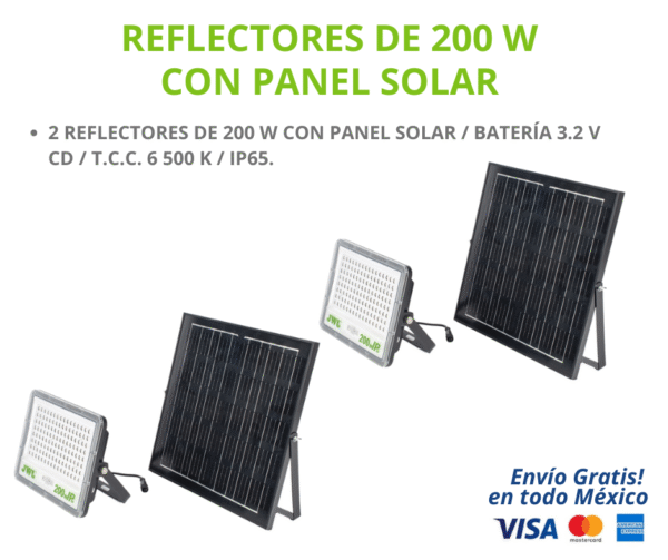 KIT REFELCTOR SOLAR 200W KIT DE 2 REFLECTORES DE 200 W CON PANEL SOLAR / BATERÍA 3.2 V CD / T.C.C. 6 500 K / IP65.