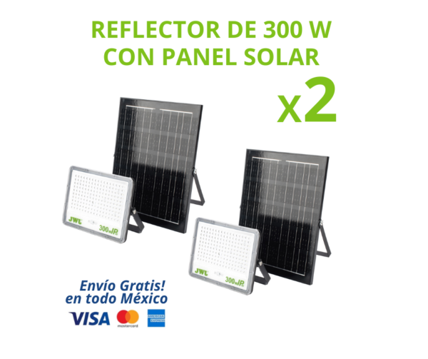 KIT DE 2 REFLECTORES LED SOLARES 300W CON BATERÍA 3.2V IP65 JLRE-SOL |  Solución ideal para iluminación exterior potente, eficiente y sin consumo eléctrico. Cada reflector integra panel solar de alta eficiencia, batería recargable de 3.2 V CD y luz blanca fría 6500K, ofreciendo iluminación confiable durante toda la noche. Diseñados para exteriores, cuentan con protección IP65, lo que los hace resistentes al polvo, lluvia y condiciones climáticas adversas.