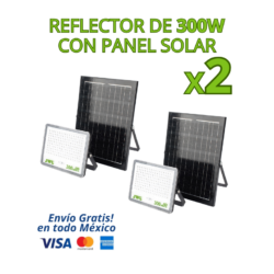 KIT DE 2 REFLECTORES LED SOLARES 300W CON BATERÍA 3.2V IP65 JLRE-SOL |  Solución ideal para iluminación exterior potente, eficiente y sin consumo eléctrico. Cada reflector integra panel solar de alta eficiencia, batería recargable de 3.2 V CD y luz blanca fría 6500K, ofreciendo iluminación confiable durante toda la noche. Diseñados para exteriores, cuentan con protección IP65, lo que los hace resistentes al polvo, lluvia y condiciones climáticas adversas.