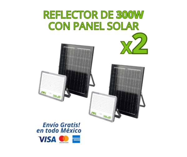 KIT DE 2 REFLECTORES LED SOLARES 300W CON BATERÍA 3.2V IP65 JLRE-SOL |  Solución ideal para iluminación exterior potente, eficiente y sin consumo eléctrico. Cada reflector integra panel solar de alta eficiencia, batería recargable de 3.2 V CD y luz blanca fría 6500K, ofreciendo iluminación confiable durante toda la noche. Diseñados para exteriores, cuentan con protección IP65, lo que los hace resistentes al polvo, lluvia y condiciones climáticas adversas.