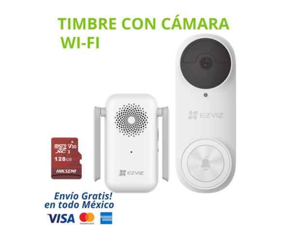KIT TIMBRE WI-FI CON CÁMARA Y BATERÍA EZVIZ + MICRO SD 128GB - VIDEO DOORBELL EXTERIOR | Protege tu hogar o negocio con el Kit Timbre Wi-Fi con Cámara EZVIZ, una solución de seguridad inteligente para exteriores que te permite ver, escuchar y hablar con quien se acerque a tu puerta desde cualquier lugar, directamente desde tu smartphone. Grabación local sin pagos mensuales.