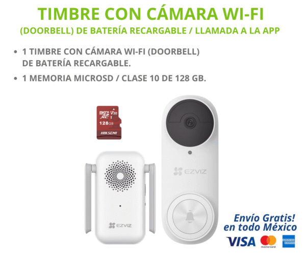 KIT TIMBRE WIFI KIT DE TIMBRE CON CÁMARA Wi-Fi (Doorbell) DE BATERÍA RECARGABLE / USO EXTERIOR / LLAMADA A LA APP. + 1 MEMORIA MICRO SD 128GB.