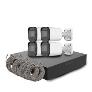 Kit CCTV IP de 2MP con 4 Cámaras Bullet PoE | Micrófono Integrado, NVR 4 Canales, IR 30M, IP67 y Cables CAT6 Prearmados